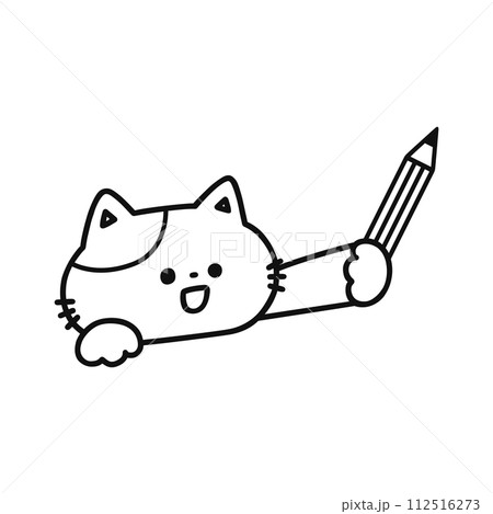 鉛筆を持ったかわいい猫・線画 112516273