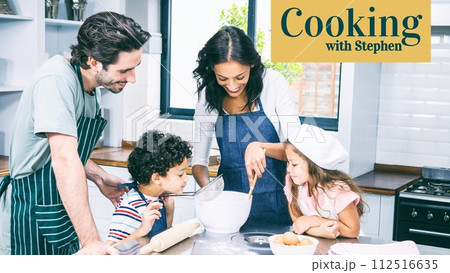Cooking with stephen text over diverse couple in aprons cooking with son and daughter in kitchen Cooking with stephen text over diverse couple in aprons cooking with son and daughter in kitchen 112516635