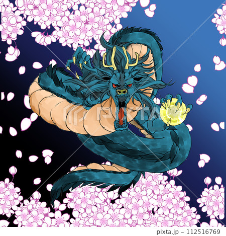 かっこいい龍と桜のイラスト かっこいい龍と桜のイラスト 112516769