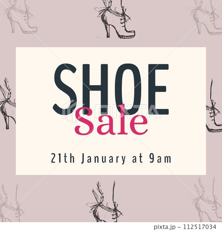 Composite of shoe sale in white box on rows of black shoes and pink background 112517034