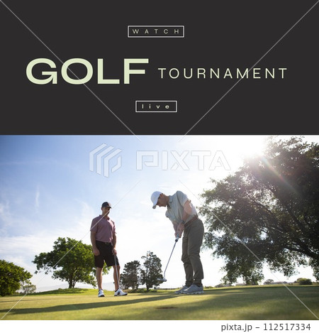 Composition of golf tournament text over caucasian men playing golf Composition of golf tournament text over caucasian men playing golf 112517334