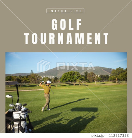 Composition of golf championship text over caucasian man playing golf Composition of golf championship text over caucasian man playing golf 112517338