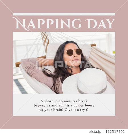 Composition of napping day text over biracial woman sleeping in hammock 112517392