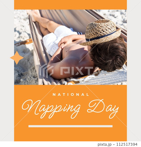 Composition of national napping day text over caucasian man sleeping in hammock Composition of national napping day text over caucasian man sleeping in hammock 112517394