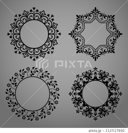 Set of decorative frames Elegant vector element for design in Eastern style, place for text. Floral black and gray borders. Lace illustration for invitations and greeting cards Set of decorative frames Elegant vector element for design in Eastern style, place for text. Floral black and gray borders. Lace illustration for invitations and greeting cards 112517692