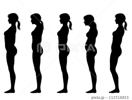 正しい姿勢や悪い姿勢 猫背 ストレートネック 骨盤前傾の女性の横向き全身シルエットセット 正しい姿勢や悪い姿勢 猫背 ストレートネック 骨盤前傾の女性の横向き全身シルエットセット 112518853