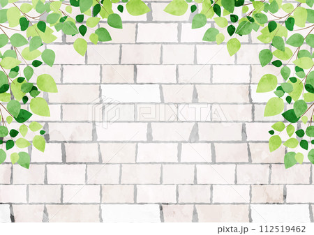 新緑、煉瓦、水彩、イラスト、背景、かわいい、葉っぱ、横型、アーチ 新緑、煉瓦、水彩、イラスト、背景、かわいい、葉っぱ、横型、アーチ 112519462