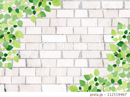 新緑、煉瓦、水彩、イラスト、背景、かわいい、葉っぱ、横型、対角 112519467