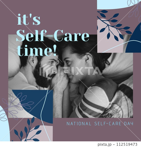 Composition of it's self-care time text over caucasian couple lying on bed on purple background Composition of it's self-care time text over caucasian couple lying on bed on purple background 112519473