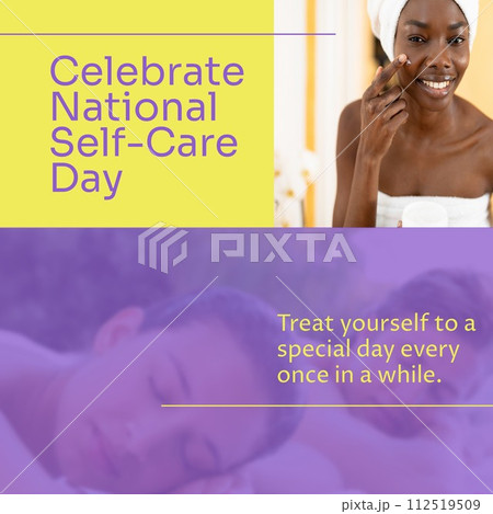 Composition of national self-care day text over diverse people applying cream and getting a massage 112519509