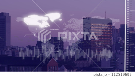 Image of data processing and world map over cityscape Image of data processing and world map over cityscape 112519695