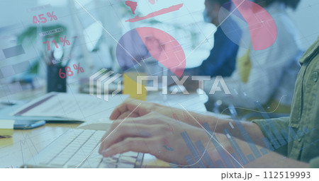 Image of digital interface showing statistics with colleagues in office wearing face masks Image of digital interface showing statistics with colleagues in office wearing face masks 112519993
