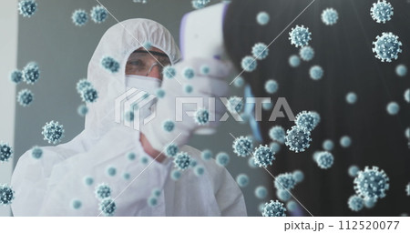Image of floating covid-19 cells with man checking temperature wearing face masks Image of floating covid-19 cells with man checking temperature wearing face masks 112520077