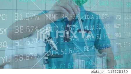 Image of digital interface showing statistics with scientist pouring liquid wearing face masks 112520189