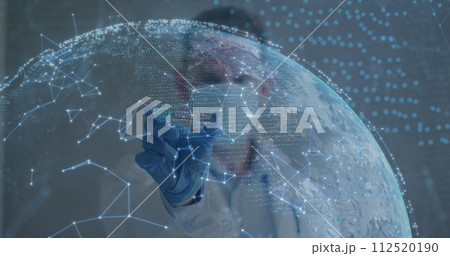 Image of net of connections and globe with scientist holding covid-19 vaccine wearing face masks 112520190