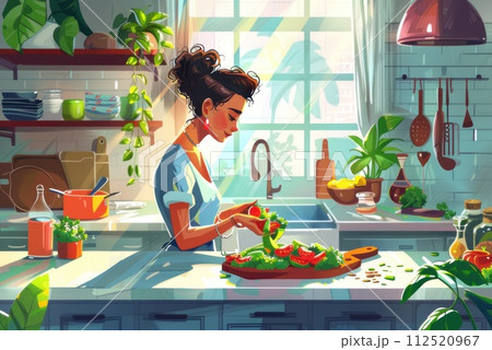 healthy woman preparing a colorful and nutritious salad in a modern kitchen. 112520967