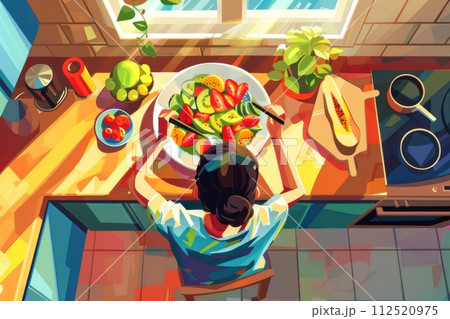 healthy woman preparing a colorful and nutritious salad in a modern kitchen. 112520975