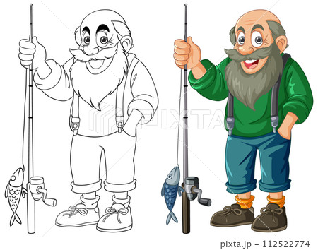 Happy Fisherman with Catch Vector Illustration 112522774