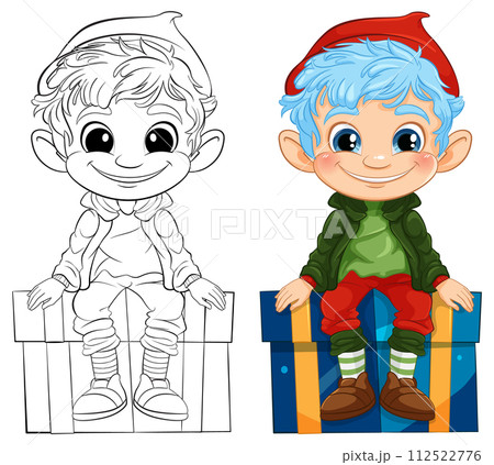 Cheerful Elf Sitting on a Gift Box Cheerful Elf Sitting on a Gift Box 112522776