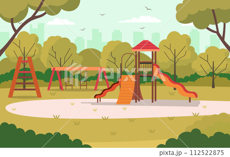 Vector Design of Slide in City Park with Green Plants Trees in Bright Day 112522875