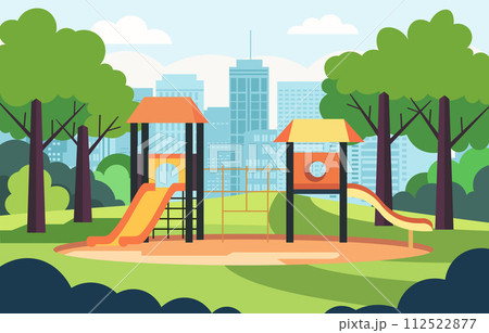 Vector Design of Slide in Playground with City Building in Bright Day Vector Design of Slide in Playground with City Building in Bright Day 112522877