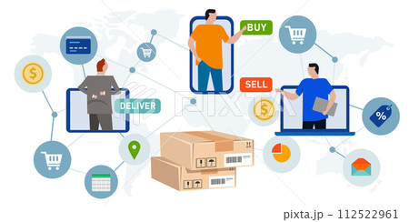 ecommerce international worldwide people buy online from mobile smartphone retail market delivery box global trading transaction digital 112522961