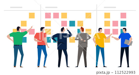 kanban board agile scrum wall of sticky notes team working together discuss from back colorfull kanban board agile scrum wall of sticky notes team working together discuss from back colorfull 112522993