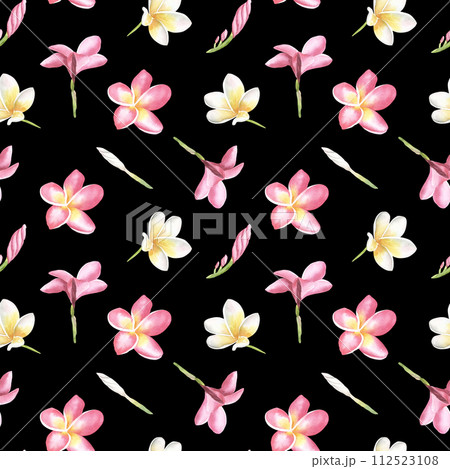 Watercolor frangipani seamless pattern. Hand drawn illustration. Plumeria or Temple tree flower. For textile, wallpaper, cosmetics design. Black background Watercolor frangipani seamless pattern. Hand drawn illustration. Plumeria or Temple tree flower. For textile, wallpaper, cosmetics design. Black background 112523108