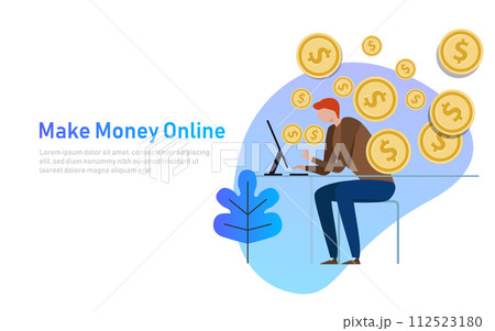 Make Money Online. Business Concept Illustration. people sitting in front of computer with coin. e-commerce marketing earning Make Money Online. Business Concept Illustration. people sitting in front of computer with coin. e-commerce marketing earning 112523180