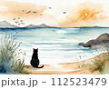 猫のシルエットと海の挿し絵風イラスト 6 112523479