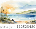 猫のシルエットと海の挿し絵風イラスト 7 112523480