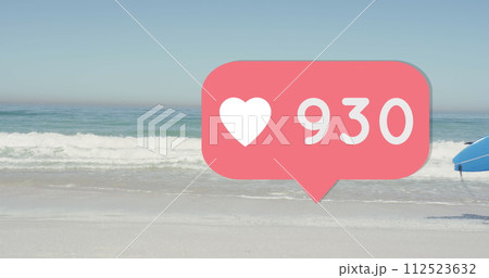 Image of speech bubble with heart icon and numbers over man running with surfboard on beach Image of speech bubble with heart icon and numbers over man running with surfboard on beach 112523632