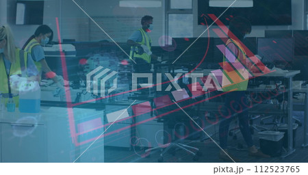 Image of digital interface showing statistics with colleagues disinfecting office wearing face masks 112523765