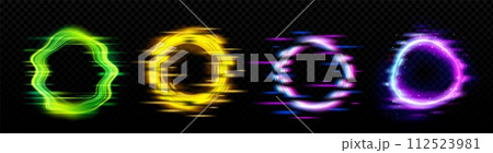 Neon glowing circle frame with glitch effect Neon glowing circle frame with glitch effect 112523981