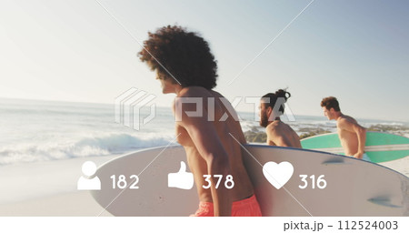 Image of people, thumbs up and heart icons with numbers over friends with surfboards on beach Image of people, thumbs up and heart icons with numbers over friends with surfboards on beach 112524003