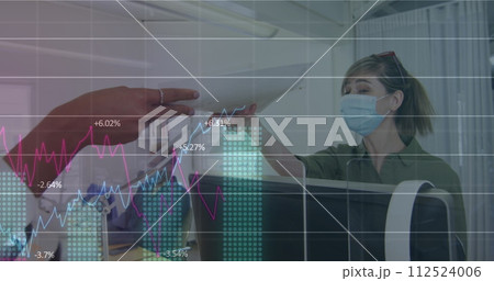 Image of digital interface showing statistics with colleagues in office wearing face masks 112524006