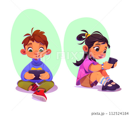 Kids playing with mobile phone. Cartoon vector 112524184