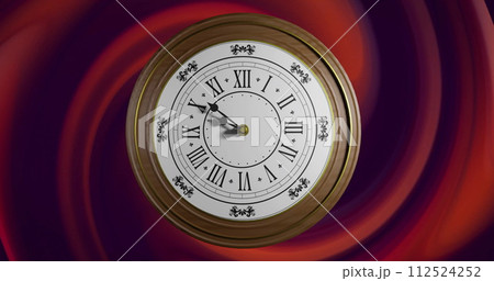 Image of clock ticking over red swirls background Image of clock ticking over red swirls background 112524252