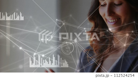 Image of network of connections over caucasian businesswoman using tablet 112524254