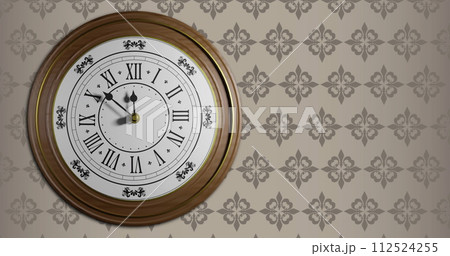 Image of clock ticking over pattern on brown background Image of clock ticking over pattern on brown background 112524255