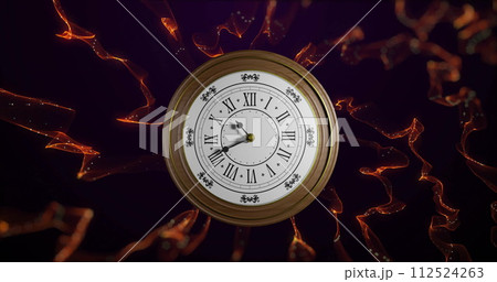 Image of clock ticking over light trails on black background Image of clock ticking over light trails on black background 112524263