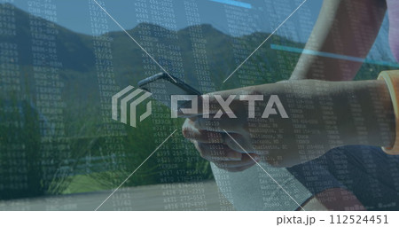 Image of data processing over midsection of woman using smartphone in background 112524451