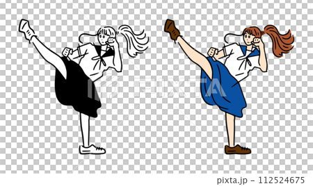 Line drawing illustration of a high school girl doing an upper roundhouse kick Line drawing illustration of a high school girl doing an upper roundhouse kick 112524675