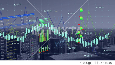 Image of financial data processing over cityscape Image of financial data processing over cityscape 112525030
