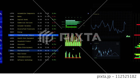Image of financial data processing with screens over black background Image of financial data processing with screens over black background 112525182