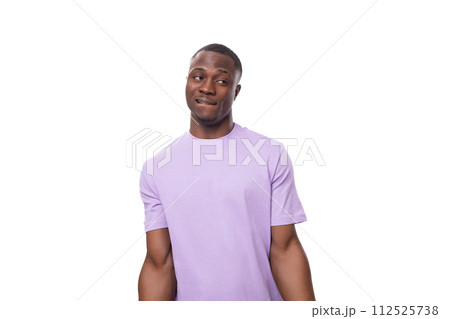 young charismatic 30 year old american man dressed in corporate lilac cotton t-shirt with print young charismatic 30 year old american man dressed in corporate lilac cotton t-shirt with print 112525738