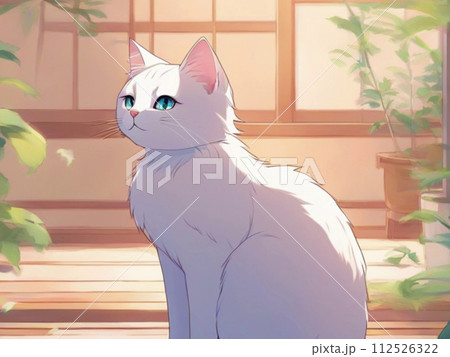 縁側でくつろぐ白い猫 112526322