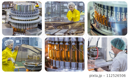 Ampoule Medications and Vaccine Manufacturing - The Development of New Medicines Photo - Collage. 112526506