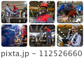 Train Factory - Welding Sparks Of Molten Metal - Two Multiracial Coworkers Talking in a Train Factory - Photo Collage 112526660
