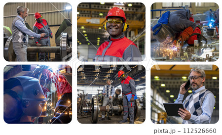Train Factory - Welding Sparks Of Molten Metal - Two Multiracial Coworkers Talking in a Train Factory - Photo Collage 112526660